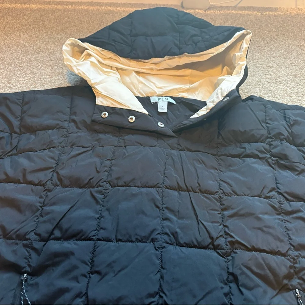 FLX Cropped Puffer Pullover Jacket Black White Hooded - Picture 5 of 6